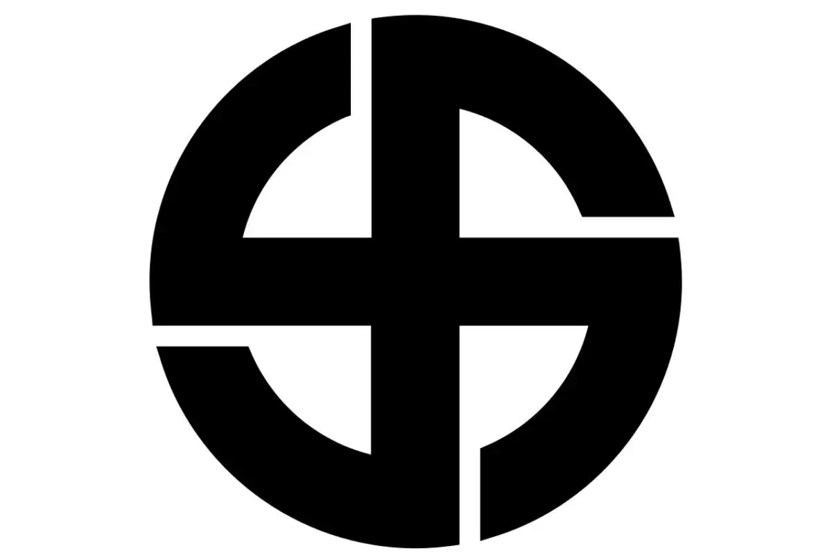 Simbolo nero su sfondo bianco, un cerchio spezzato da una croce. Un immaginario significato di unione e divisione.