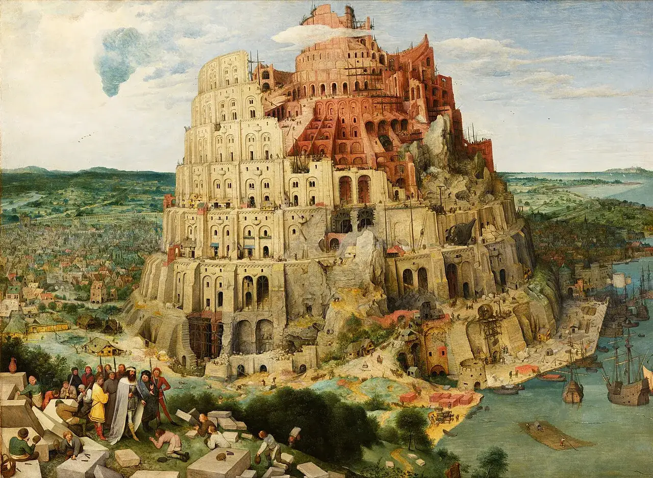 La torre di Babele, simbolo del significato metaforico dell'arroganza umana e della confusione delle lingue, si erge incompiuta su un paesaggio brulicante di attivit&agrave;.
