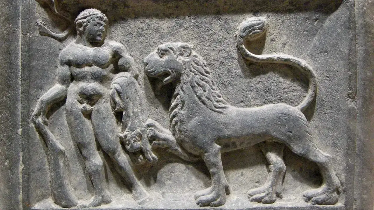 Rilievo antico raffigurante un uomo muscoloso, forse Ercole, che lotta con un leone.