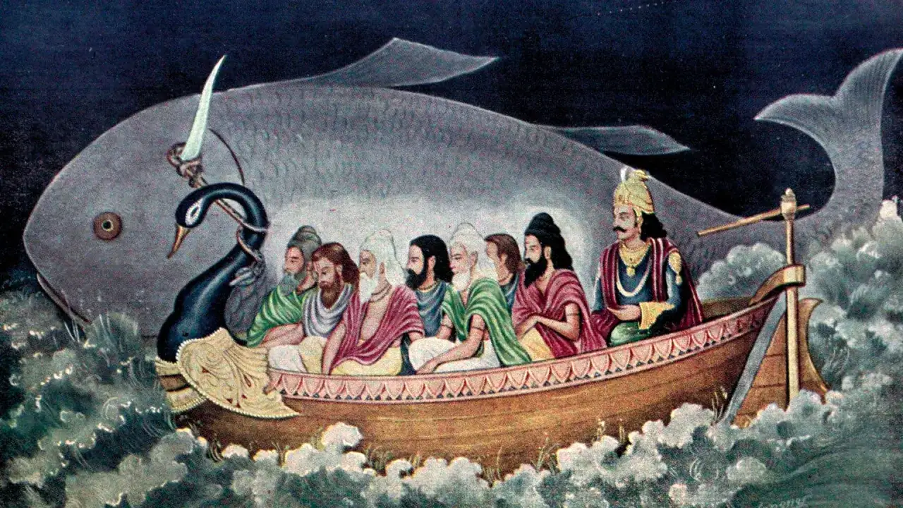 Un'arca con saggi e un re naviga su un mare tempestoso, guidata da un enorme pesce, evocando i miti del diluvio.