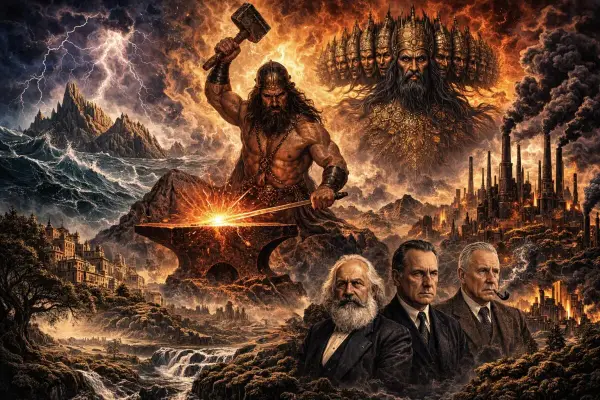 Un fabbro mitologico forgia il destino, mentre figure storiche osservano un'industria fumante. Il protome significato è la testa scolpita, simbolo di potere e origine.